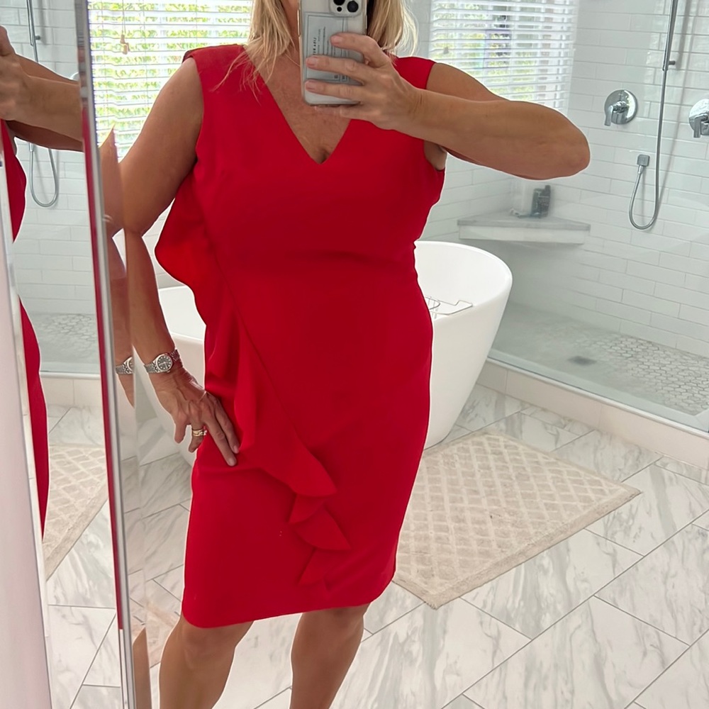 Vince Camuto sleeveless dress with ruffle detailing down one side